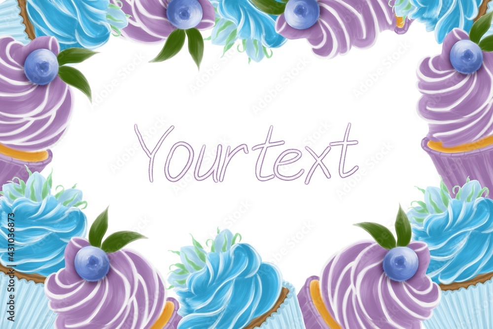 Purple and blue cupcake frame template for confectionery business cards, flyers, menus