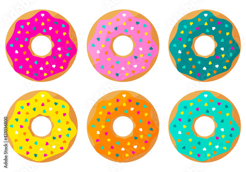 Donuts with colorful glaze and heart sprinkles. Vector hand drawn illustration set