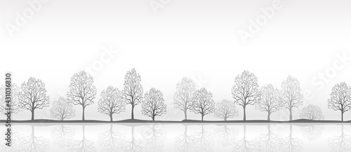 Beautiful winter landscape a row of trees are reflected in the water.Vector illustration.