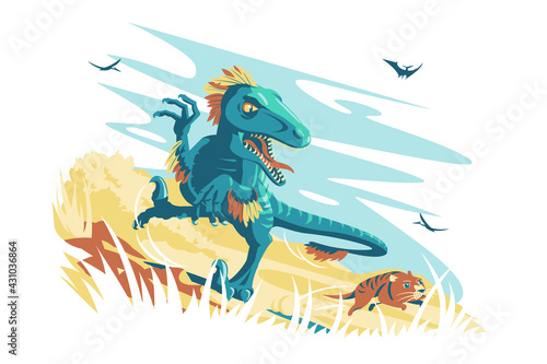 Blue angry dino raptor vector illustration. Wild dinosaur character in jungle follow animal flat style. Wildlife, paleontology and fossil animal concept. Isolated on white background
