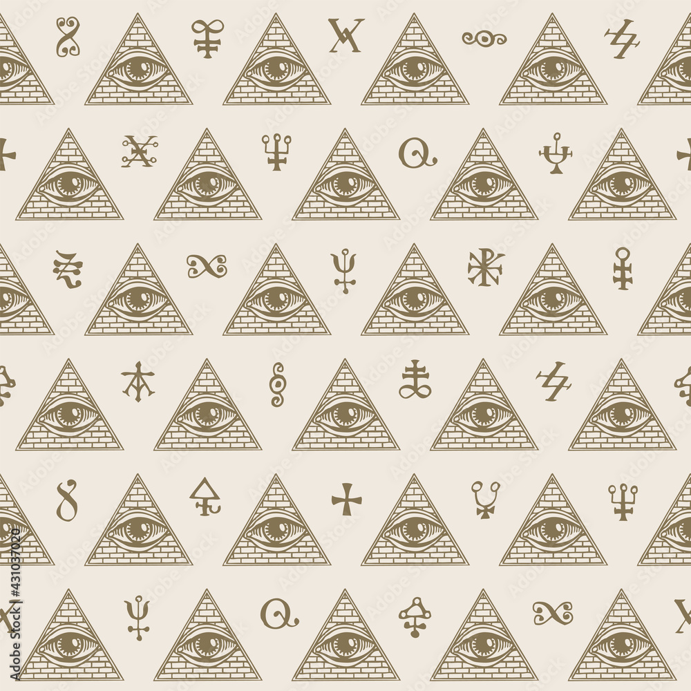 Geometric seamless pattern with signs of an all-seeing eye inside a triangular pyramid and magic symbols on a light backdrop. Vector background with a hand-drawn third eye in retro style Geometric seamless pattern with signs of an all-seeing eye inside a triangular pyramid and magic symbols on a light backdrop. Vector background with a hand-drawn third eye in retro style