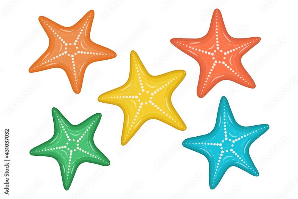 Multicolored starfish in cartoon style. Design element. Hello summer. Vector illustration