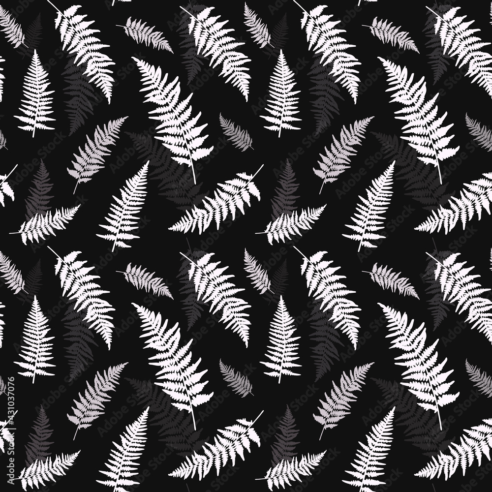 Fern leaves silhouettes on black seamless background. Black and white pattern