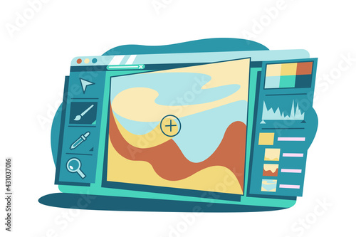 Program for photo editing vector illustration. Creative interface for correcting pictures on computer flat style. Modern technology and art concept. Isolated on white background