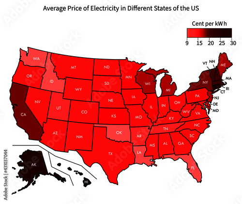 Average electricity price in US different states in cent per kwh kilowatt hour power america bill map vector illustration