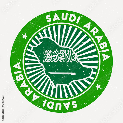 Saudi Arabia round stamp. Logo of the country with flag. Vintage badge with circular text and stars, vector illustration.