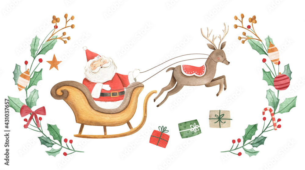 Watercolor Christmas illustration with Santa Claus, sled and reindeer with  gifts ilustración de Stock | Adobe Stock
