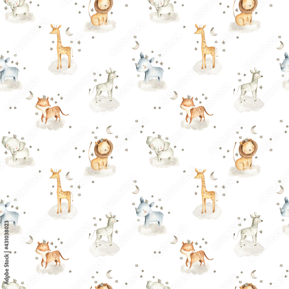 Safari Animals watercolor illustrations for baby in the sky with clouds and stars pattern  - obrazy, fototapety, plakaty 