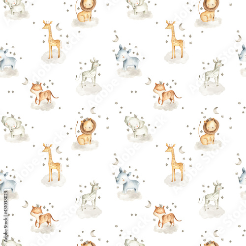 Fototapeta Naklejka Na Ścianę i Meble -  Safari Animals watercolor illustrations for baby in the sky with clouds and stars pattern 