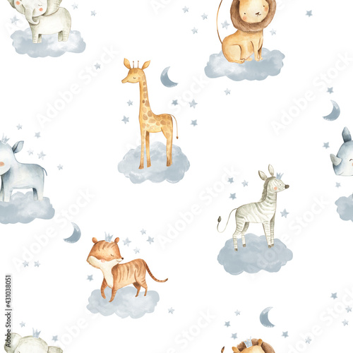 Photography Safari Animals watercolor illustrations for baby in the sky with clouds and star
