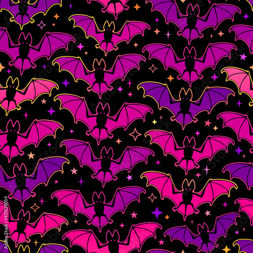 seamless pattern of bright soaring bats on a black background