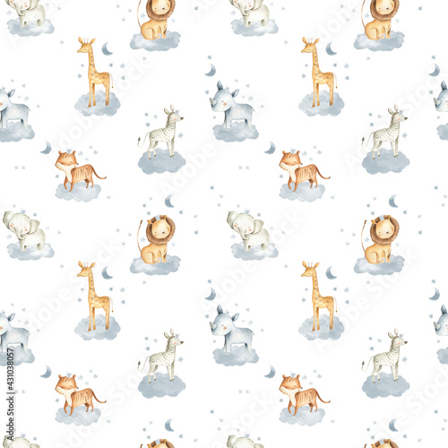 Photography Safari Animals watercolor illustrations for baby in the sky with clouds and star