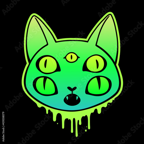 creepy cat head with five eyes and dripping drops