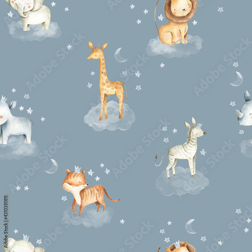 Photography Safari Animals watercolor illustrations for baby in the sky with clouds and star