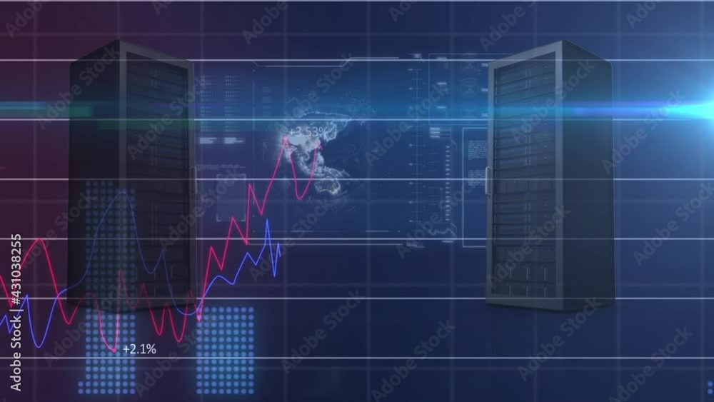 Financial data processing against spinning globe and computer servers on blue background Financial data processing against spinning globe and computer servers on blue background