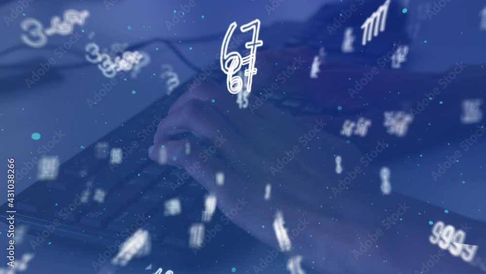 Multiple mathematical numbers and symbols floating against person typing on keyboard in background Multiple mathematical numbers and symbols floating against person typing on keyboard in background