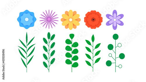 Wildflowers set. Wildflowers in the style of Paper cut. Vector illustration isolated on white background.