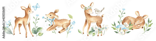 Watercolor baby deers forest woodland animals with blue flowers illustration