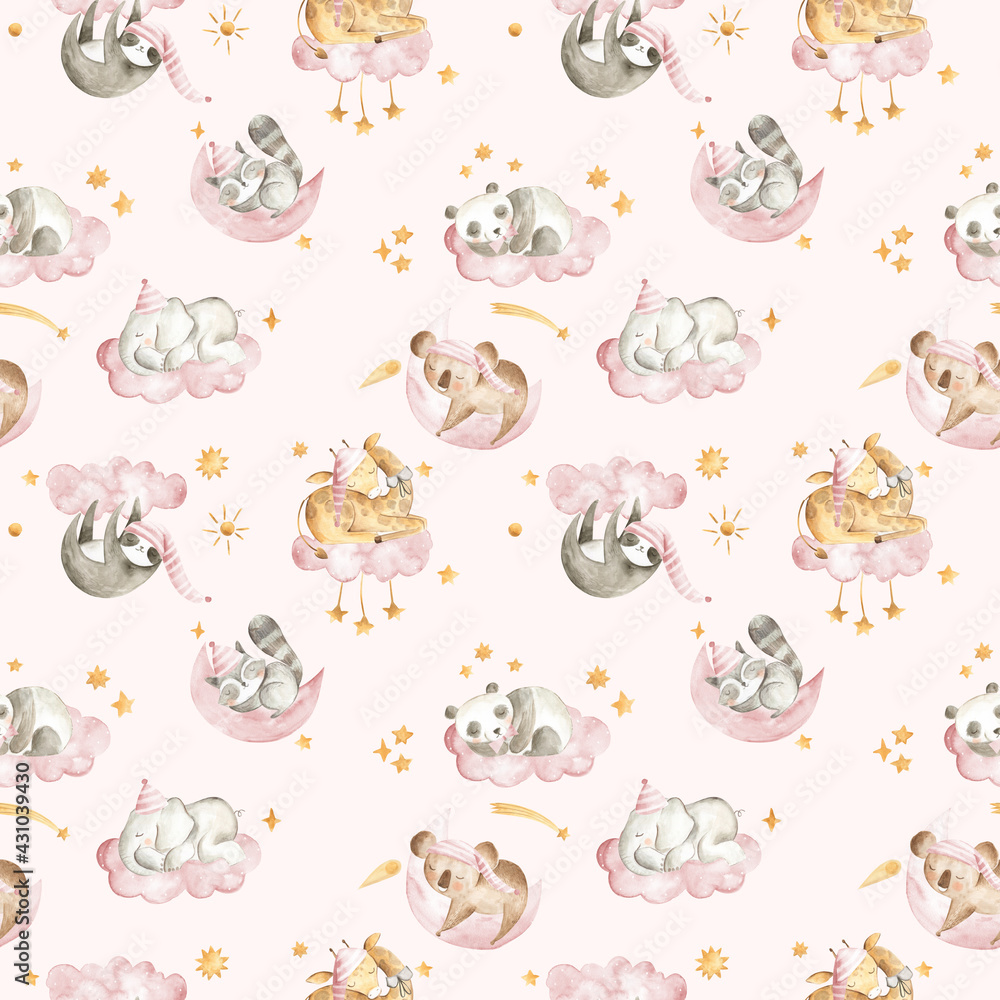 Watercolor baby animals pattern sleeping in the sky with clouds and stars in pink background 