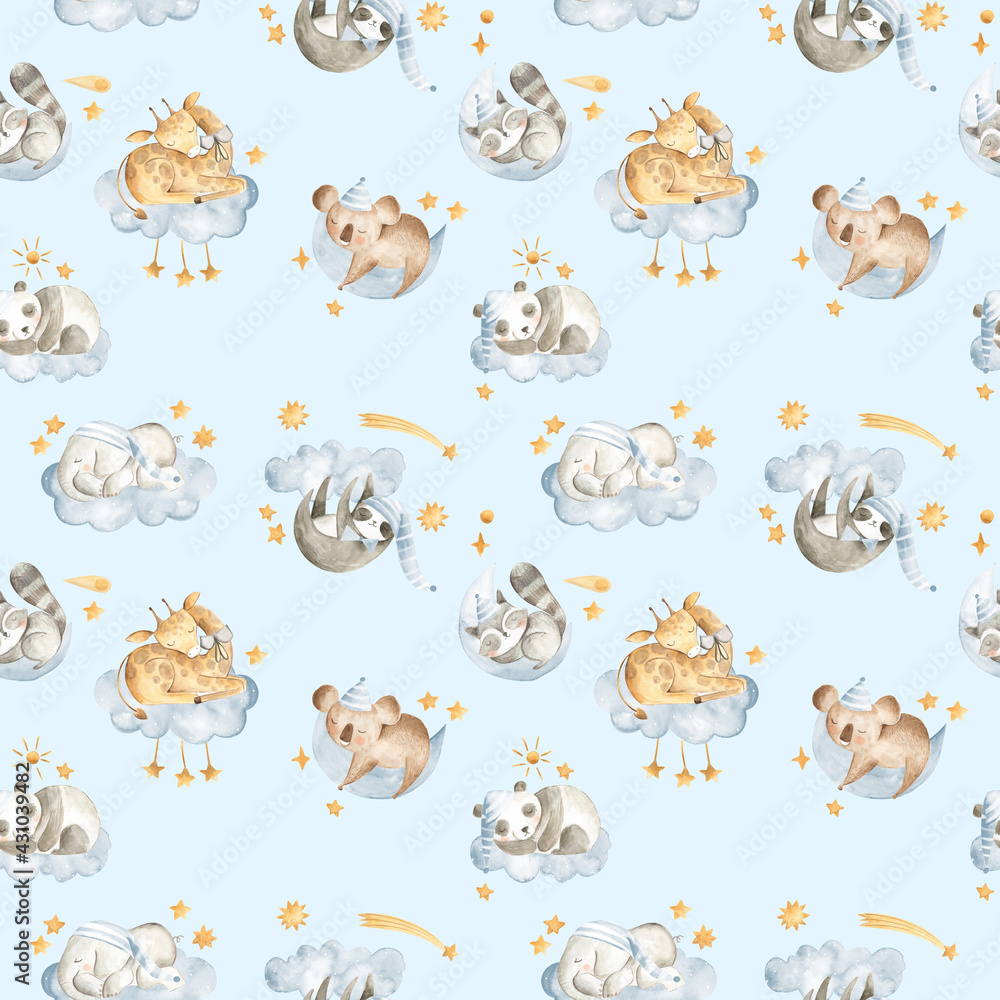 Watercolor baby animals sleeping in the sky with clouds and stars in blue background pattern Watercolor baby animals sleeping in the sky with clouds and stars in blue background pattern