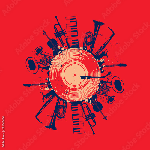 Musical promotional poster with musical instruments and lp vinyl record vector illustration. Artistic abstract design with vinyl record disc for concert events, music festivals and shows, party flyer