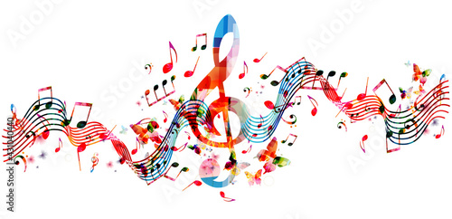 Colorful musical promotional poster with musical notes isolated vector illustration. Artistic background with G-clef for live concert events, music festivals and shows, party flyer template