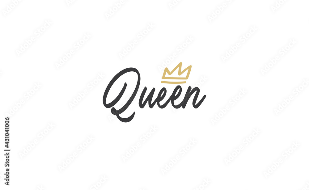 Queen word lettering with gold doodle crown. Vector illustration, calligraphic style text. Queen word lettering with gold doodle crown. Vector illustration, calligraphic style text.