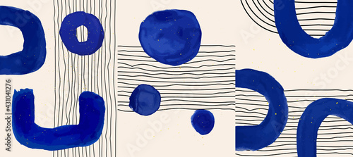 Vector illustration. Abstract contemporary aesthetic backgrounds. Design for poster, postcard, invitation card, flyer, brochure cover. Room wall decor. Blue watercolor paints with golden splash dots