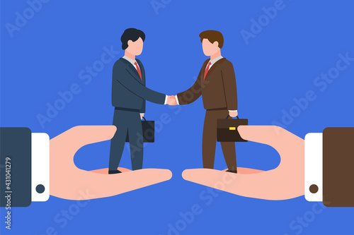 Businessmen shaking hands while standing on big hands. Creative concept idea of business agreement, partnership, or cooperation. Company agent. Simple trendy cute vector illustration. Flat style.