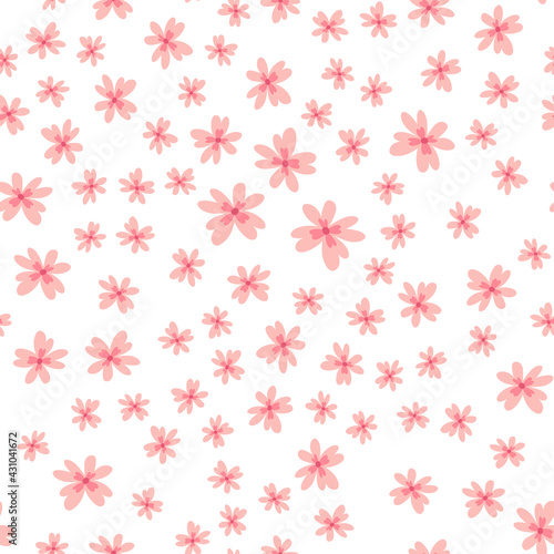 Vector floral pattern in doodle style with flowers and leaves. Gentle, spring floral background.