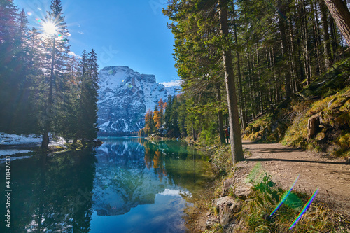 The beautiful Braies lake in late autumn with a little snow  Pearl of the Dolomite lakes is an UNESCO heritage and is located in the Braies Alto Adige Italy