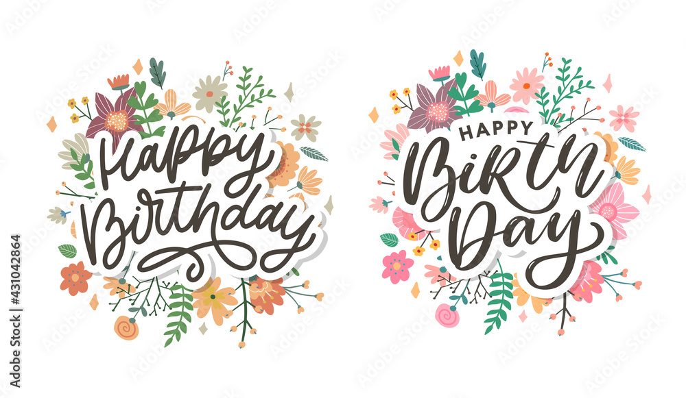 Beautiful happy birthday greeting card with flowers and bird. Vector party invitation with floral elements. Beautiful happy birthday greeting card with flowers and bird. Vector party invitation with floral elements.