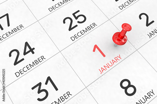 3d rendering of important days concept. January 1st. Day 1 of month. Red date written and pinned on a calendar. Winter month, day of the year. Remind you an important event or possibility.