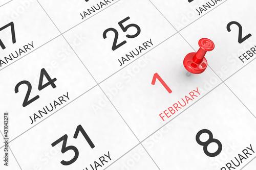 3d rendering of important days concept. February 1st. Day 1 of month. Red date written and pinned on a calendar. Winter month, day of the year. Remind you an important event or possibility.