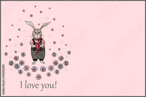 Cute watercolor bunny in a bunny with glasses holds a red heart in his hands. Pink background.