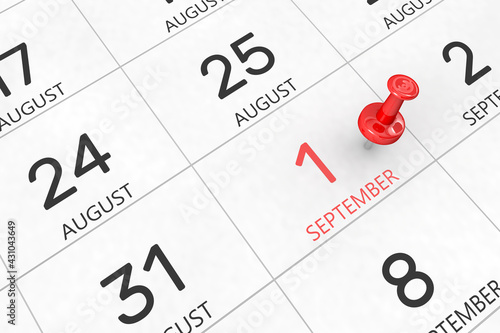 3d rendering of important days concept. September 1st. Day 1 of month. Red date written and pinned on a calendar. Autumn month, day of the year. Remind you an important event or possibility.