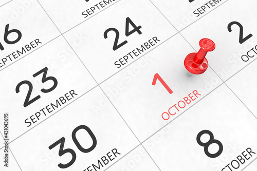 3d rendering of important days concept. October 1st. Day 1 of month. Red date written and pinned on a calendar. Autumn month, day of the year. Remind you an important event or possibility.
