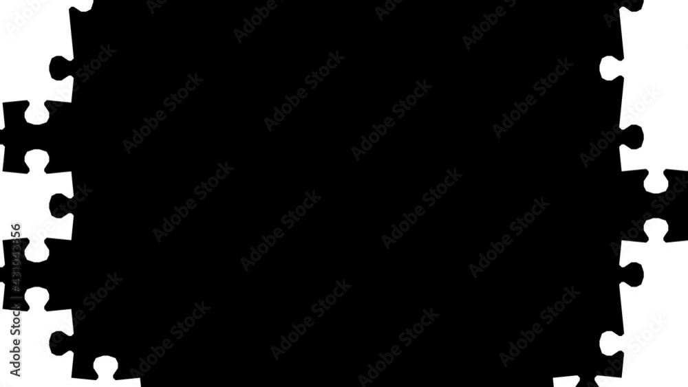 Black puzzle pieces fly around the edges, revealing a white background. One white element falls from the top. Black puzzle pieces fly around the edges, revealing a white background. One white element falls from the top.