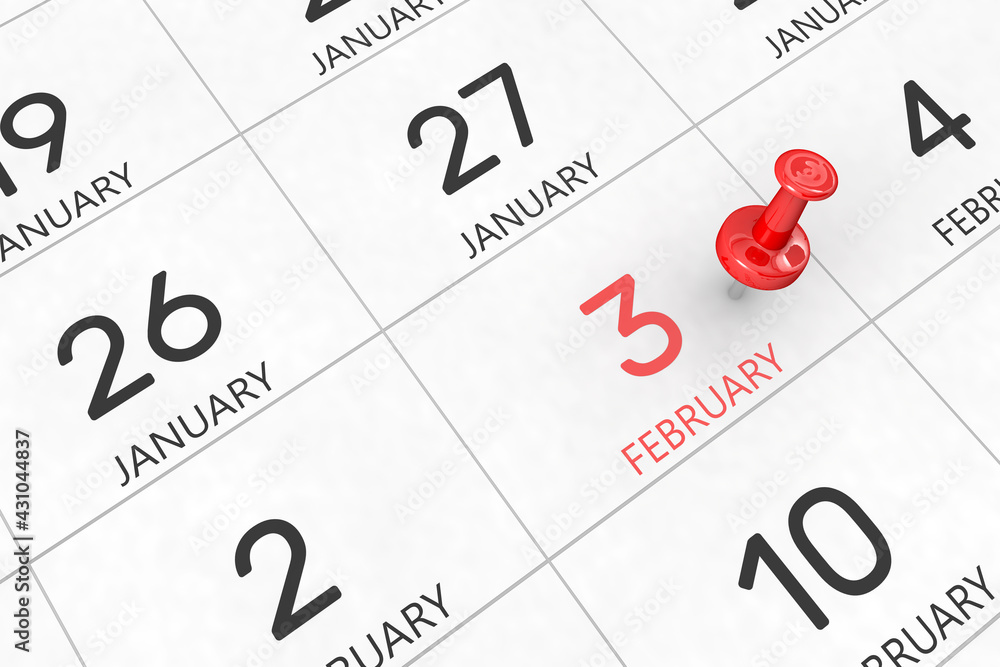 3d rendering of important days concept. February 3rd. Day 3 of month. Red date written and pinned on a calendar. Winter month, day of the year. Remind you an important event or possibility. 3d rendering of important days concept. February 3rd. Day 3 of month. Red date written and pinned on a calendar. Winter month, day of the year. Remind you an important event or possibility.
