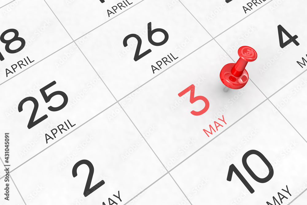3d rendering of important days concept. May 3rd. Day 3 of month. Red date written and pinned on a calendar. Spring month, day of the year. Remind you an important event or possibility. 3d rendering of important days concept. May 3rd. Day 3 of month. Red date written and pinned on a calendar. Spring month, day of the year. Remind you an important event or possibility.