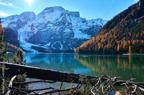 The beautiful Braies lake in late autumn with a little snow, Pearl of the Dolomite lakes is an UNESCO heritage and is located in the Braies Alto Adige,Italy