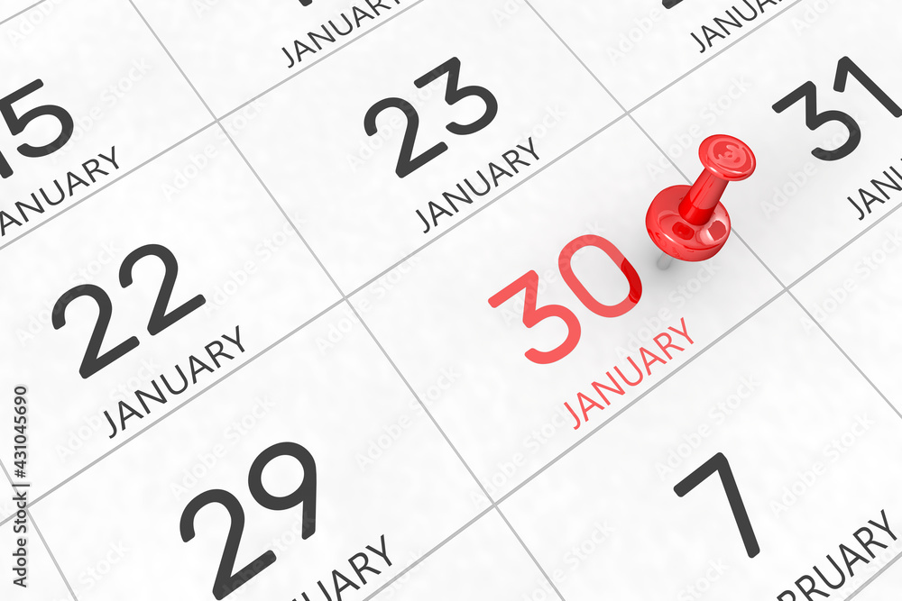 3d rendering of important days concept. January 30th. Day 30 of month. Red date written and pinned on a calendar. Winter month, day of the year. Remind you an important event or possibility. 3d rendering of important days concept. January 30th. Day 30 of month. Red date written and pinned on a calendar. Winter month, day of the year. Remind you an important event or possibility.