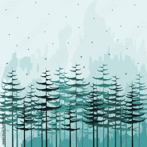 Pines of different shades of green on a heterogeneous background
