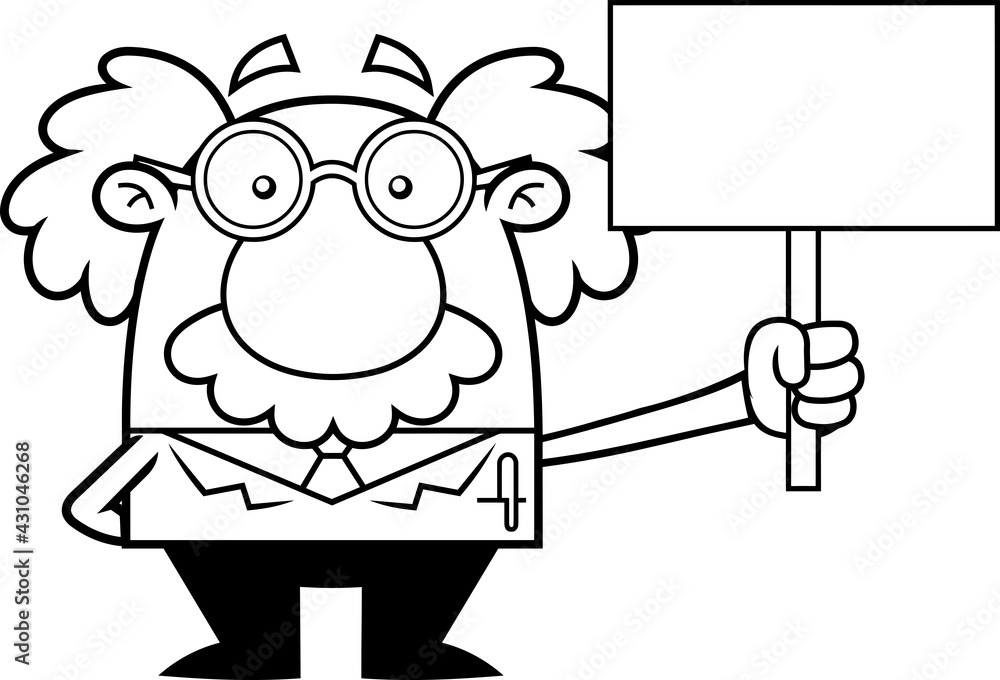 Obraz premium Outlined Funny Science Professor Cartoon Character Holding A Blank Sign. Vector Hand Drawn Illustration Isolated On Transparent Background