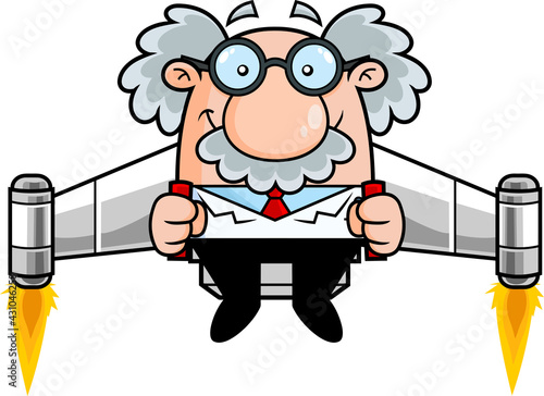 Happy Science Professor Cartoon Character Flying In Jetpacks. Vector Hand Drawn Illustration Isolated On Transparent Background