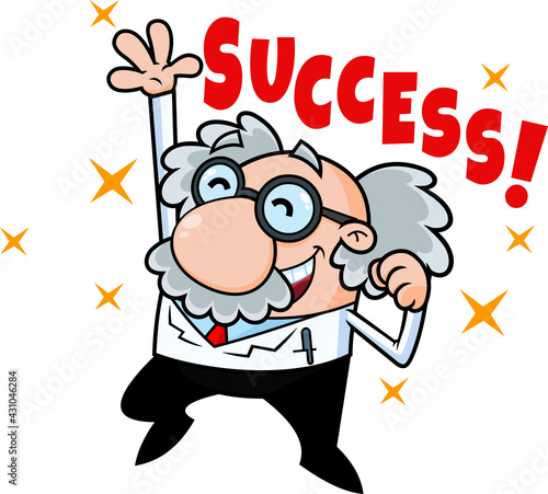 Happy Science Professor Cartoon Character Jumping. Vector Hand Drawn Illustration Isolated On Transparent Background With Text Success