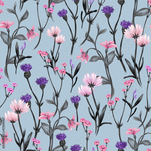 Pattern with flowers. Seamless illustration for design of fabric, wallpaper and other.