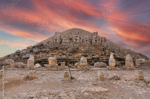 Nemrut has giant sculptures and reliefs were built on the monumental tomb made for Antiochus I the King in Turkey, photo