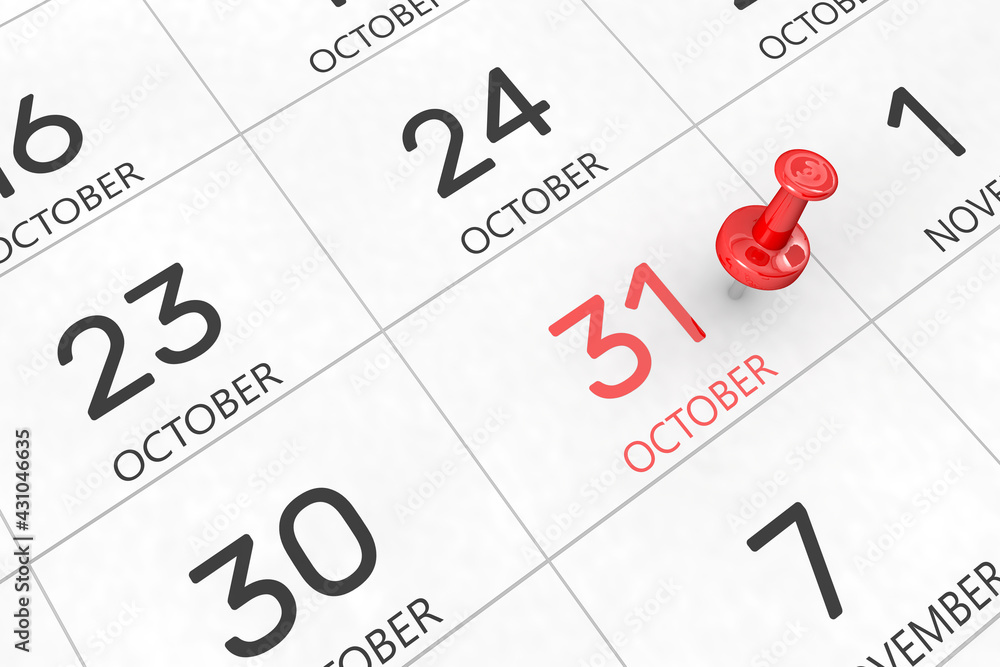 3d rendering of important days concept. October 31st. Day 31 of month. Red date written and pinned on a calendar. Autumn month, day of the year. Remind you an important event or possibility. 3d rendering of important days concept. October 31st. Day 31 of month. Red date written and pinned on a calendar. Autumn month, day of the year. Remind you an important event or possibility.