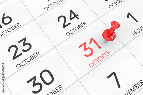 3d rendering of important days concept. October 31st. Day 31 of month. Red date written and pinned on a calendar. Autumn month, day of the year. Remind you an important event or possibility.